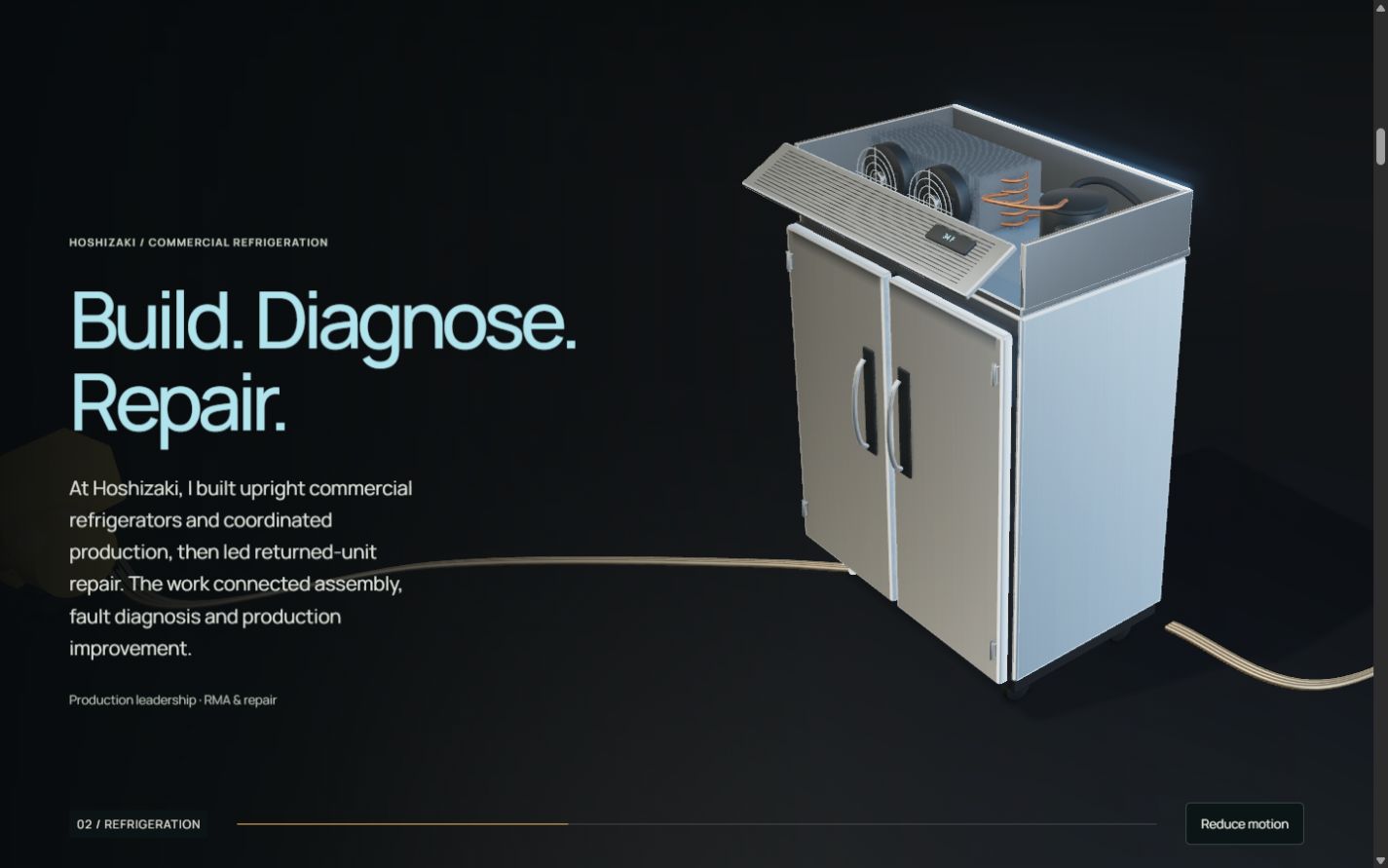 Upright refrigerator with its top-mounted condenser compartment open