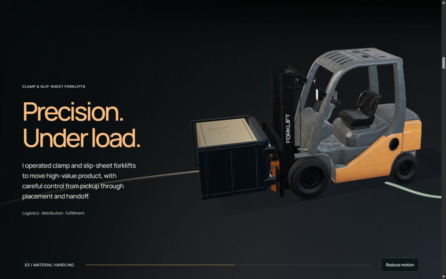 Loaded carton-clamp forklift in the browser
