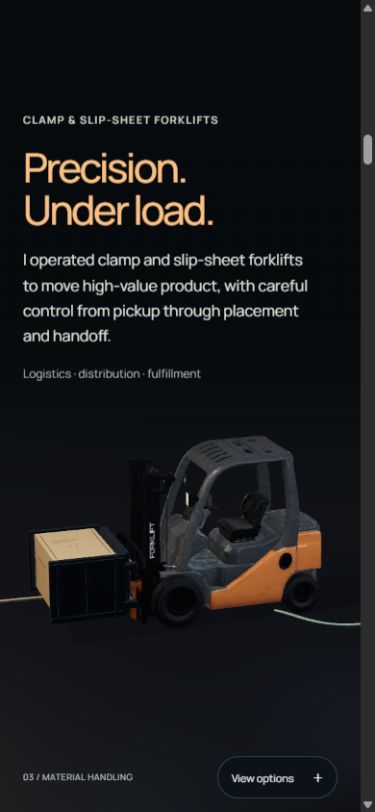 The full clamp forklift and load visible on a phone-sized viewport