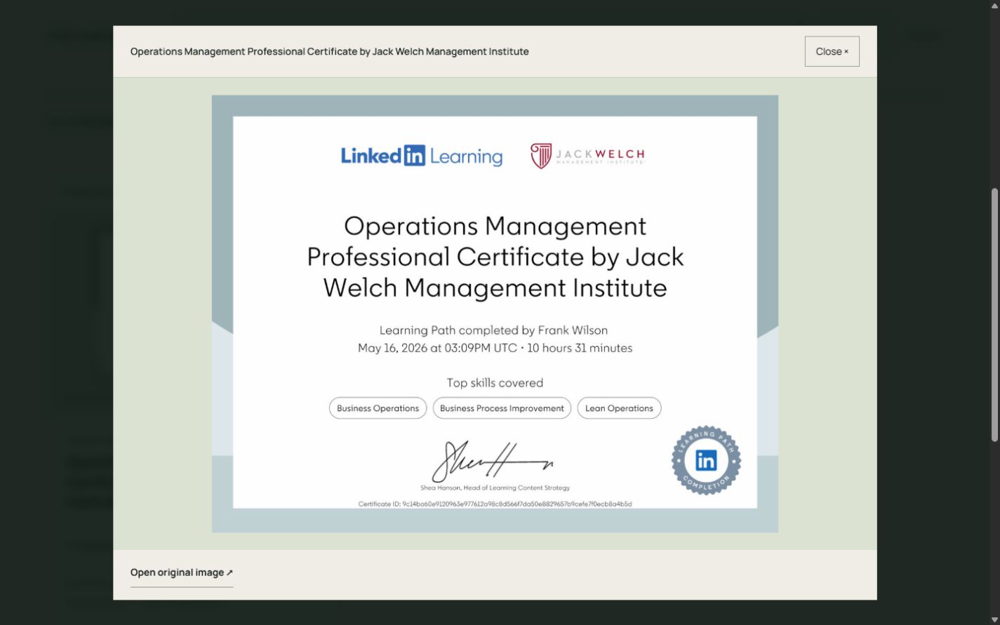 Original Jack Welch Management Institute professional certificate in the image viewer