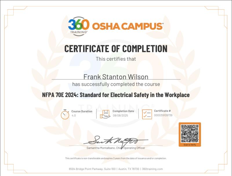 NFPA 70E 2024: Standard for Electrical Safety in the Workplace, awarded to Frank Wilson