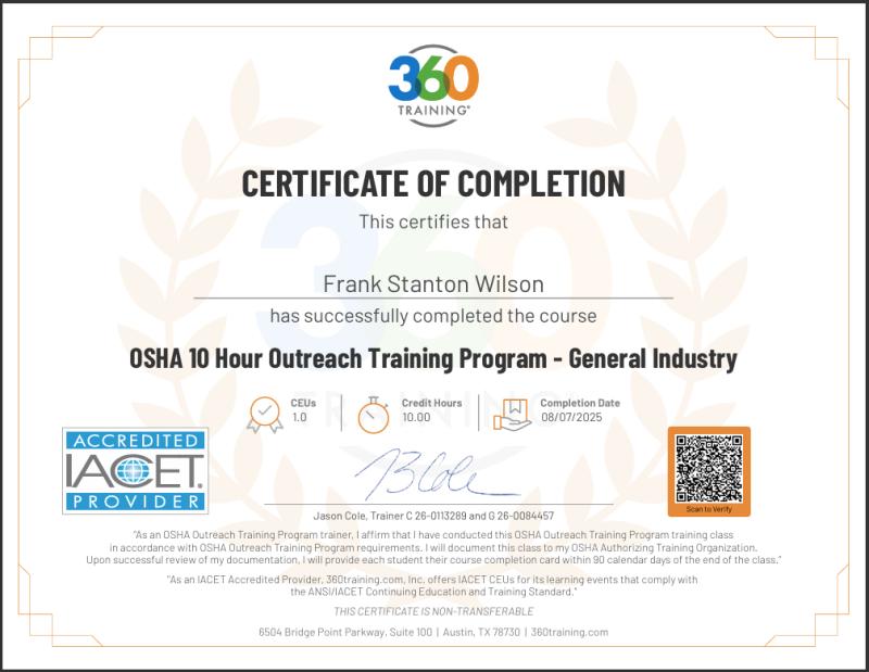 OSHA 10-Hour General Industry, awarded to Frank Wilson