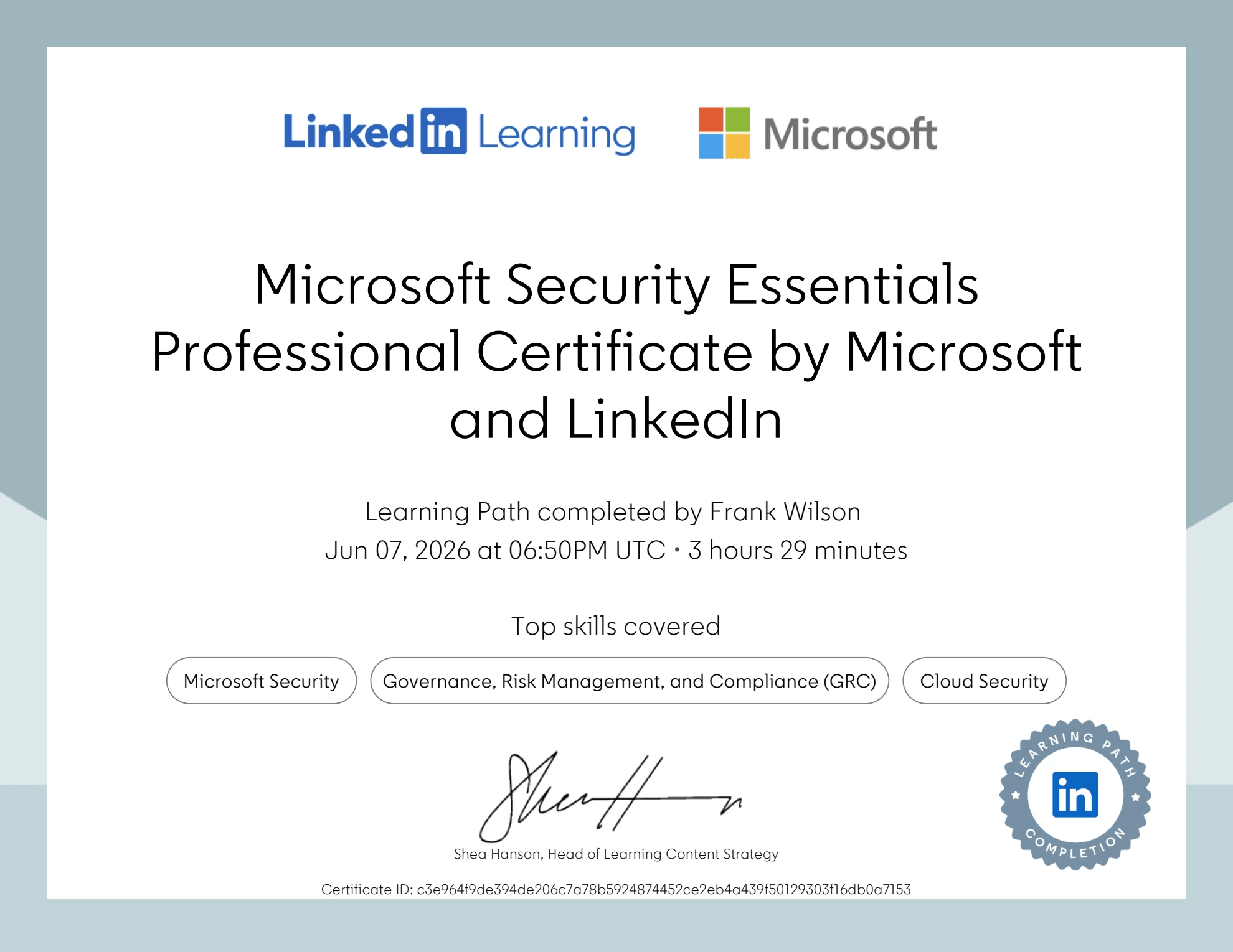 Microsoft Security Essentials Professional Certificate, awarded to Frank Wilson